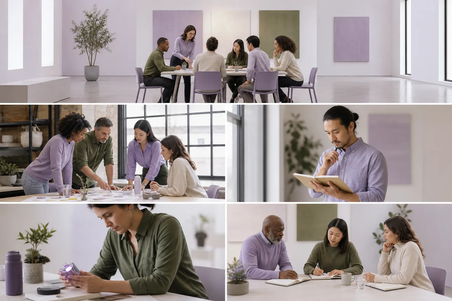 Professionals discussing responsible AI-supported work in a bright learning studio